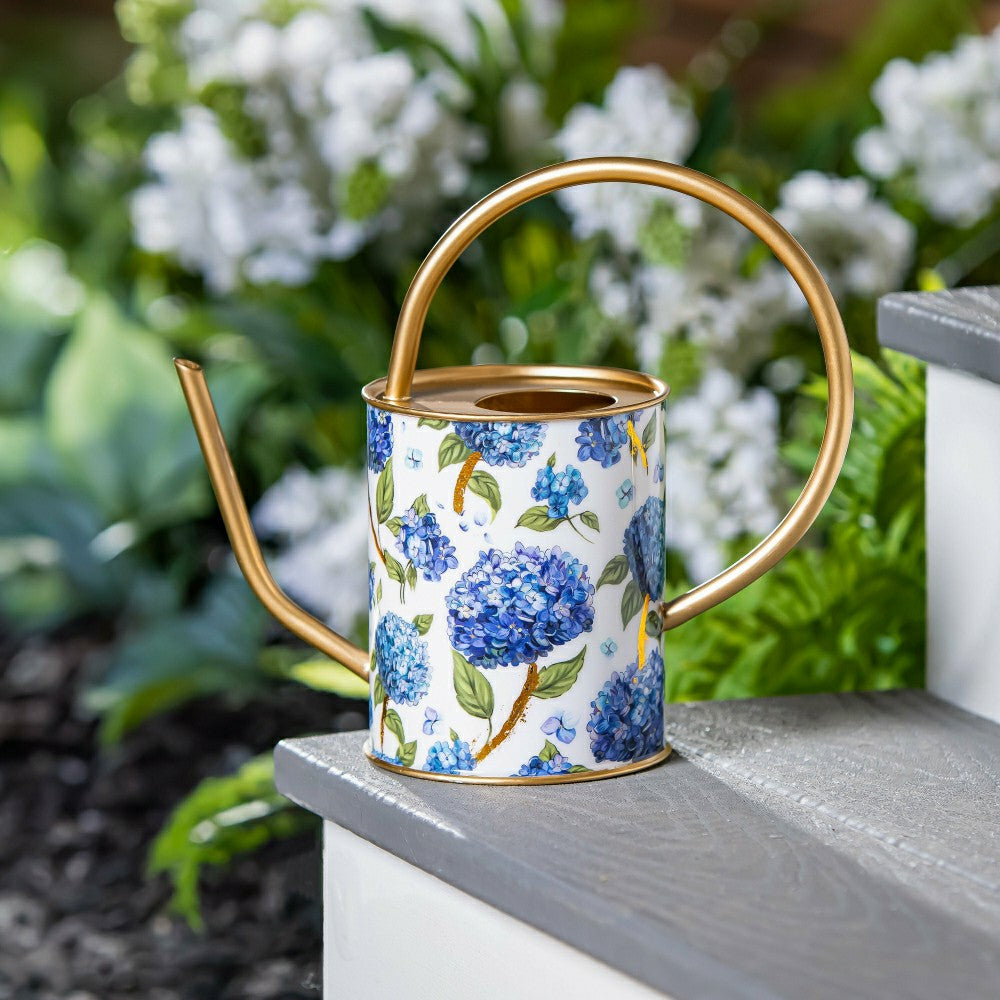 Plow & Hearth VivaStyle Watering Can, Printed Metal Watering Can, Hydrangea, 32oz