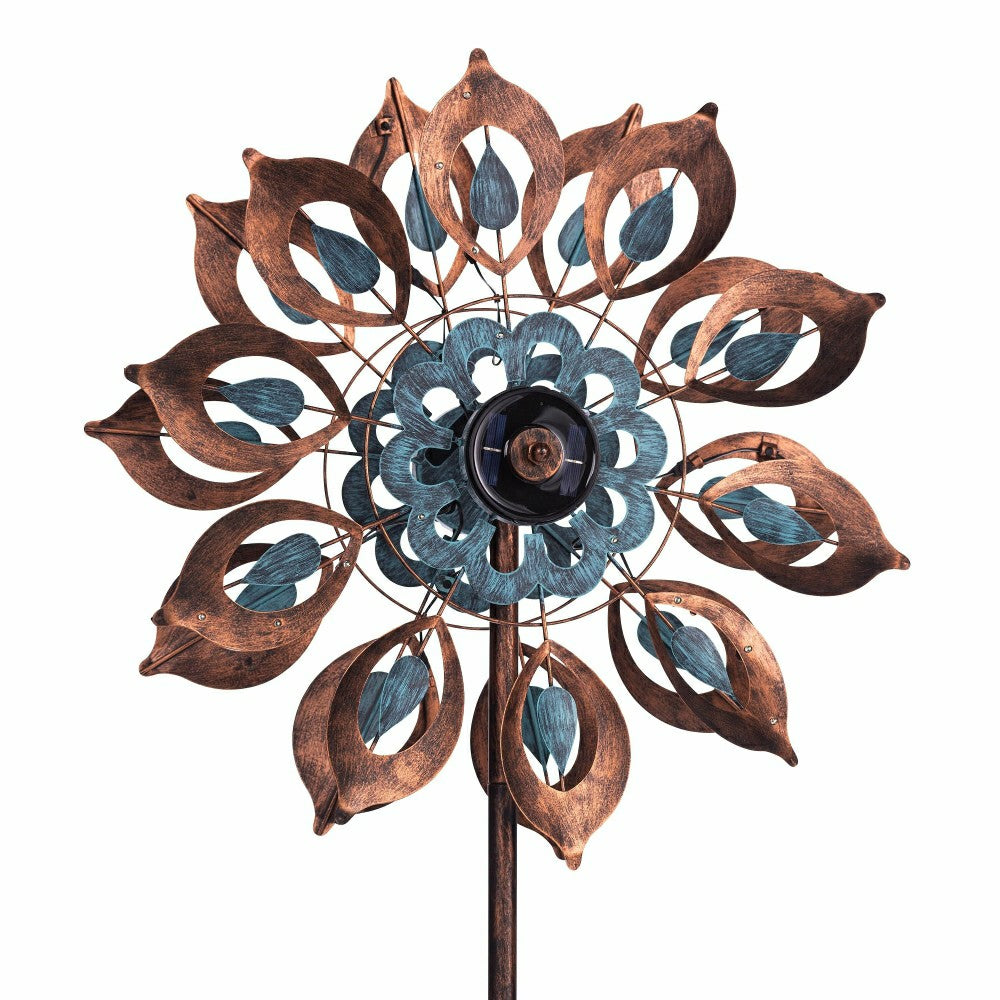 Plow & Hearth Antique Blue and Copper Lily Flower Solar Wind Spinner