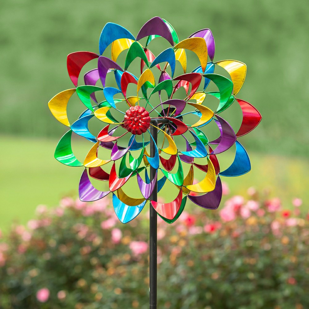 Plow & Hearth Zinnia Wind Spinner with Dual Rotors Metal Garden Stake