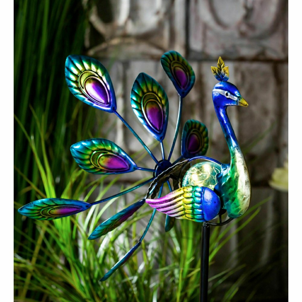 Plow & Hearth Tropical Oasis Wind Spinner, Solar Staked Peacock Staked Wind Spinner,