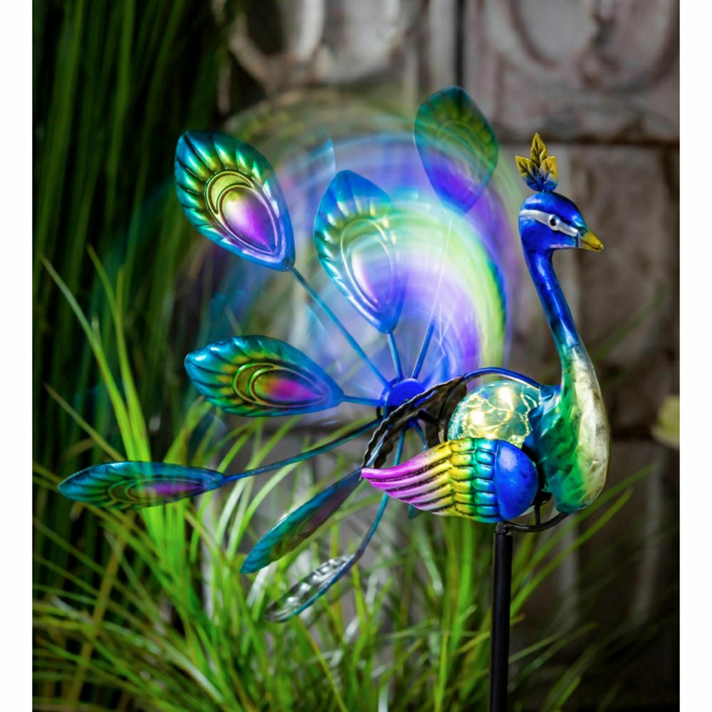 Plow & Hearth Tropical Oasis Wind Spinner, Solar Staked Peacock Staked Wind Spinner,
