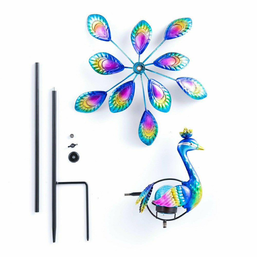 Plow & Hearth Tropical Oasis Wind Spinner, Solar Staked Peacock Staked Wind Spinner,
