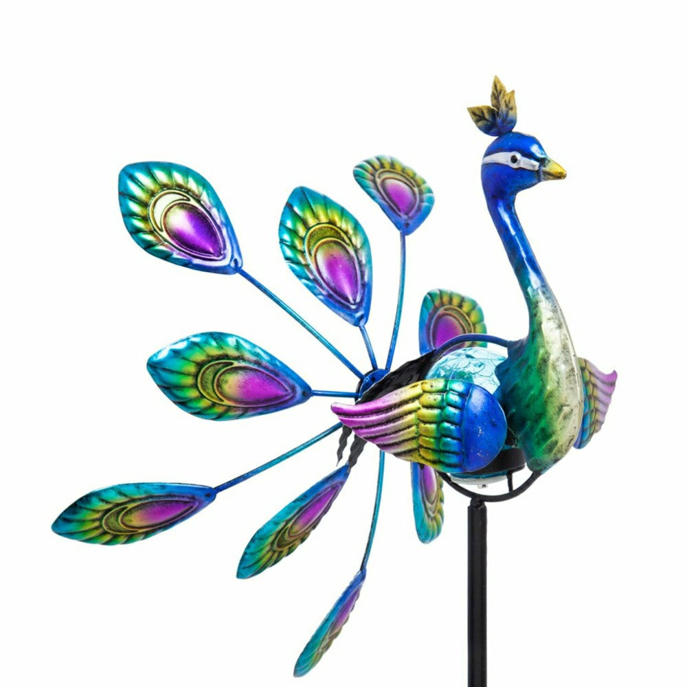 Plow & Hearth Tropical Oasis Wind Spinner, Solar Staked Peacock Staked Wind Spinner,