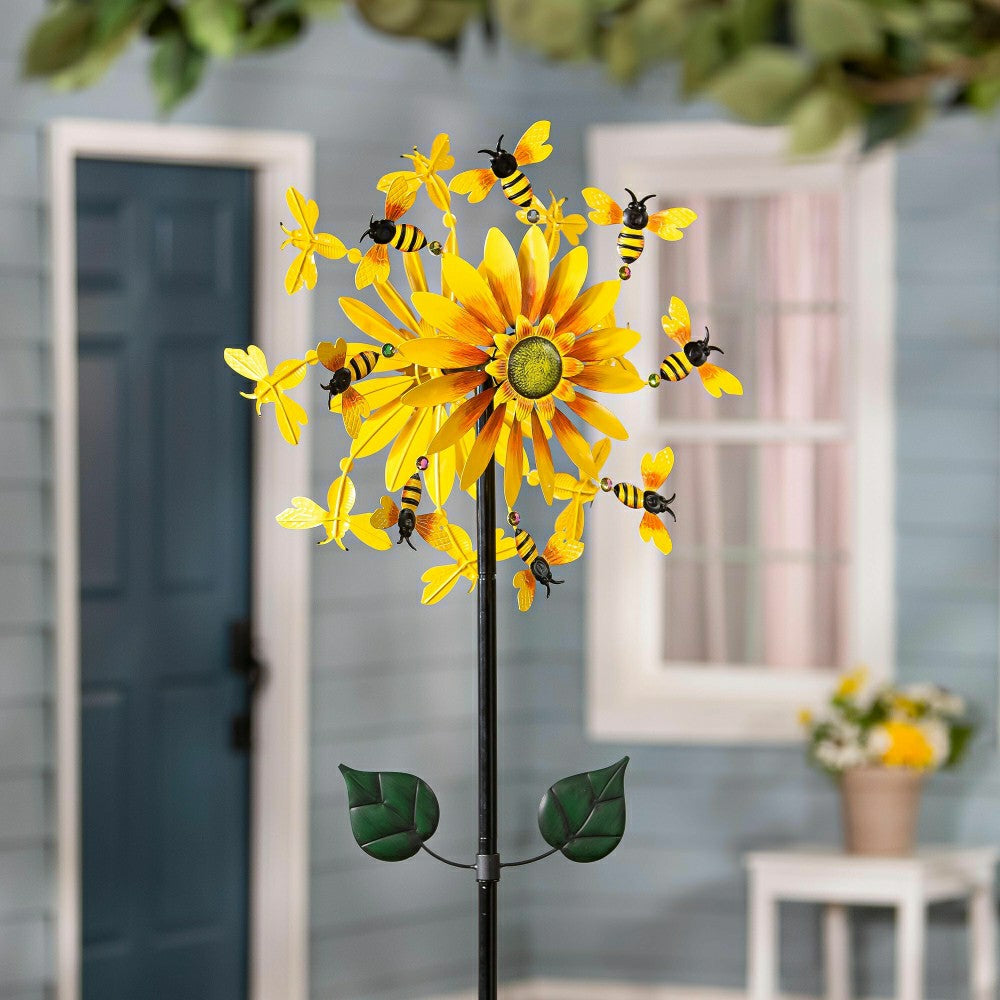 Plow & Hearth Sunflower & Bees Metal Wind Spinner, 75"H