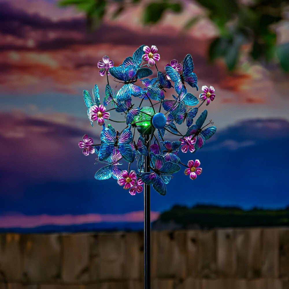 Plow & Hearth Blue Butterfly & Flowers Solar Metal Wind Spinner, 74" H