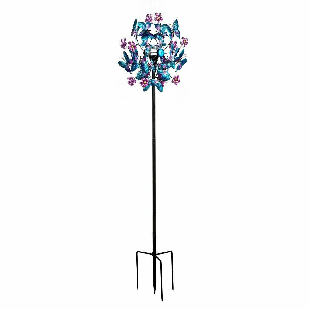Plow & Hearth Blue Butterfly & Flowers Solar Metal Wind Spinner, 74" H