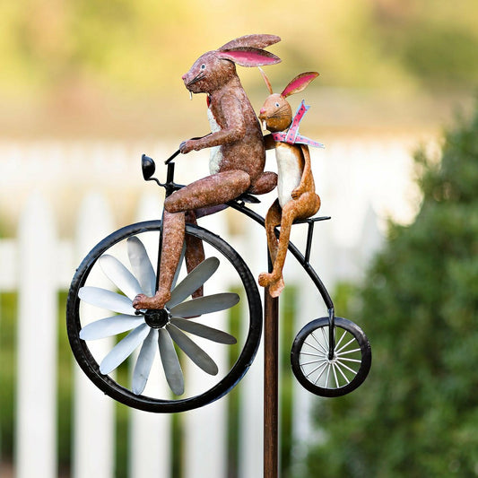 Plow & Hearth Handmade Bicycling Bunnies Metal Wind Spinner