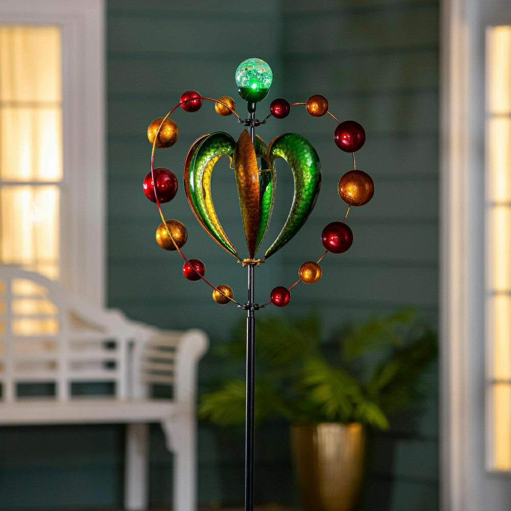 Plow & Hearth Green & Gold Heart Solar Metal Wind Spinner, 81" H