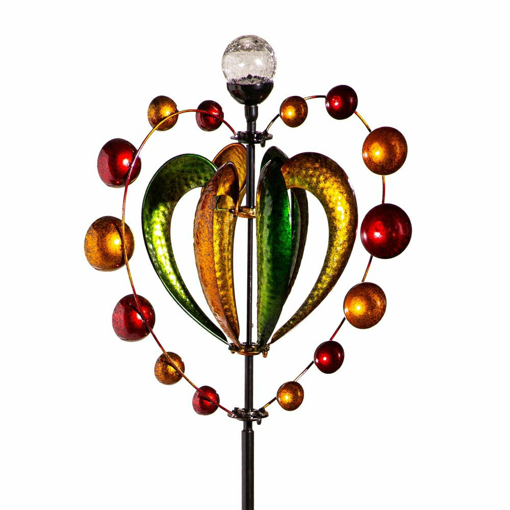 Plow & Hearth Green & Gold Heart Solar Metal Wind Spinner, 81" H
