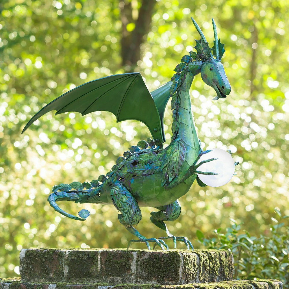 Plow & Hearth Green Dragon Statue with Solar Pearl
