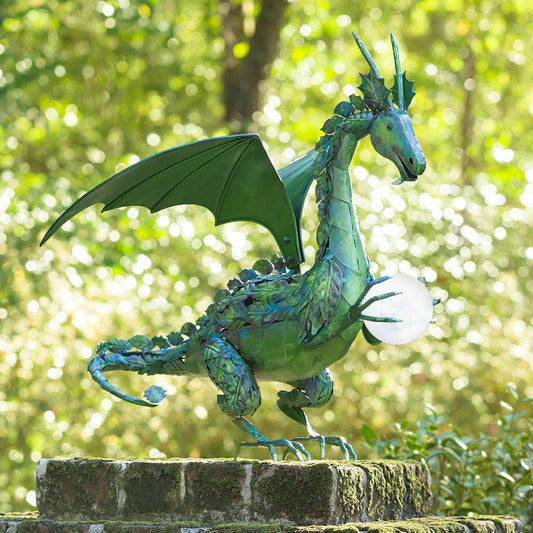 Plow & Hearth Green Dragon Statue with Solar Pearl
