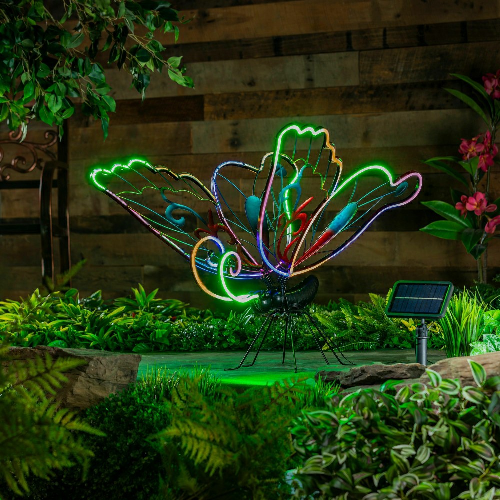 Plow & Hearth Animated Solar Butterfly Garden Statue with Neon Lights