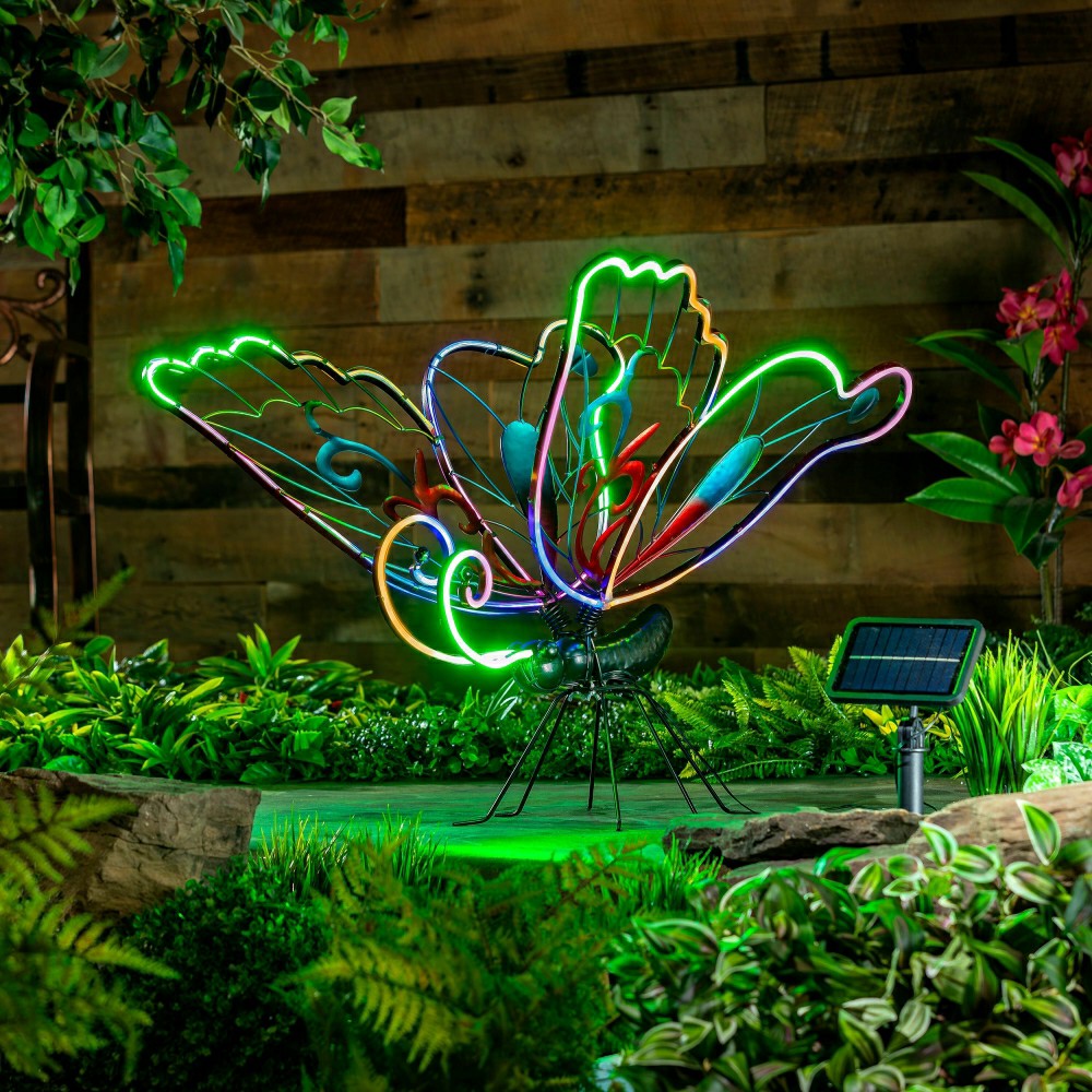 Plow & Hearth Animated Solar Butterfly Garden Statue with Neon Lights