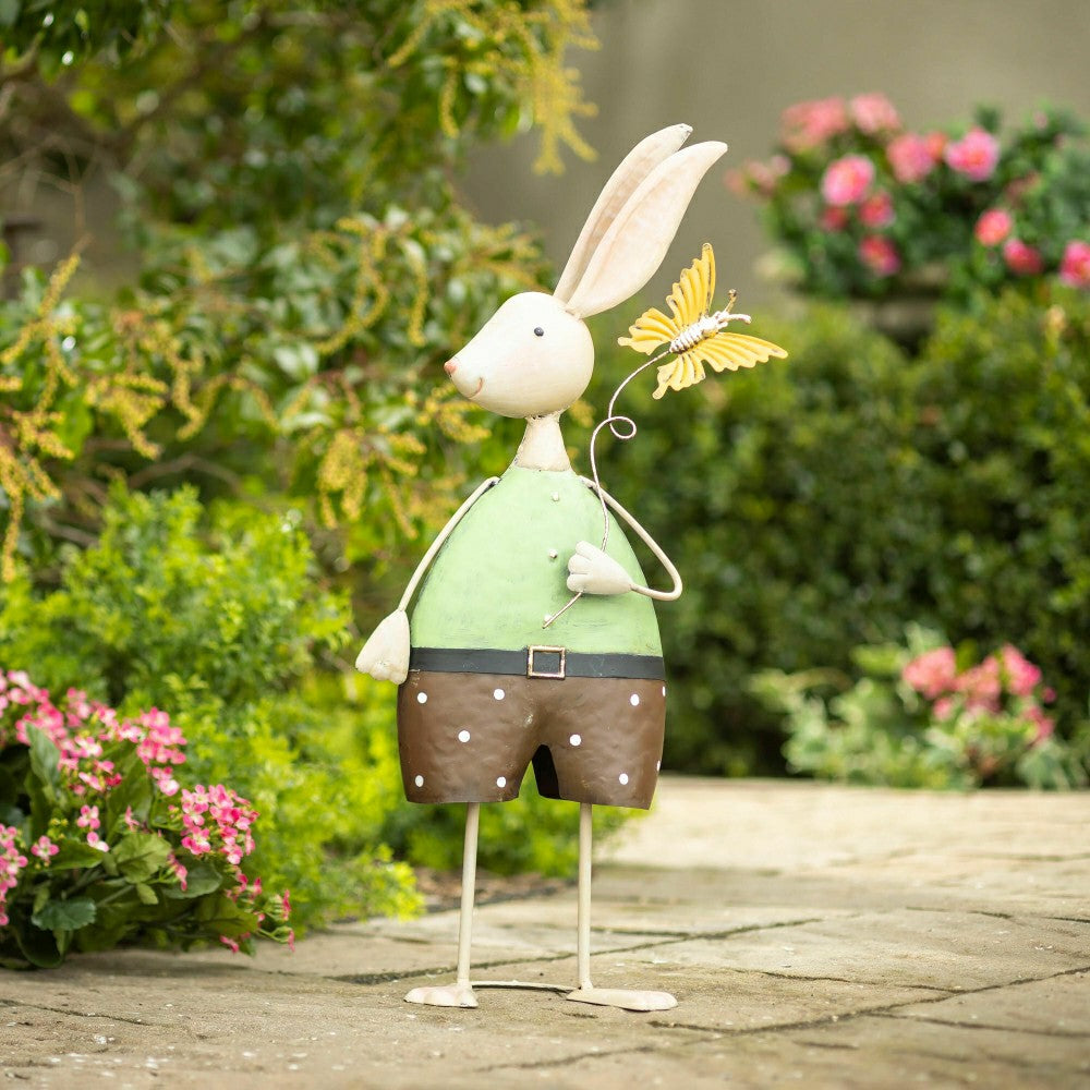 Plow & Hearth Metal Bunny With Butterfly Garden Statue