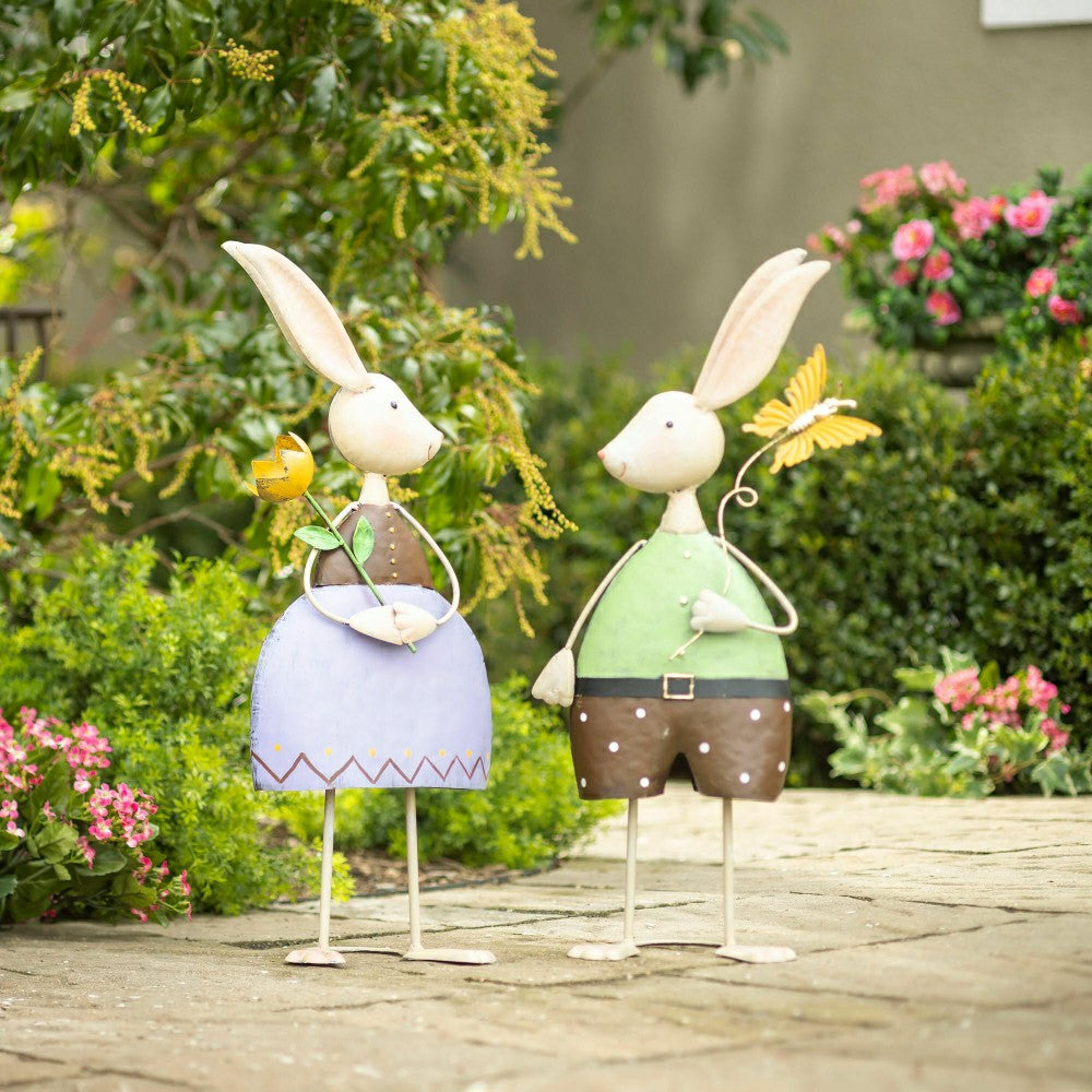 Plow & Hearth Metal Bunny With Flower Garden Statue