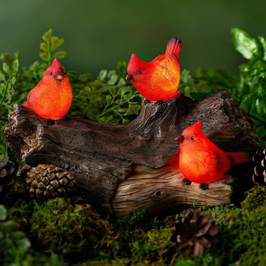 Plow & Hearth Memorial Garden Statue, Solar Cardinal Family On Wooden Log, 5"H