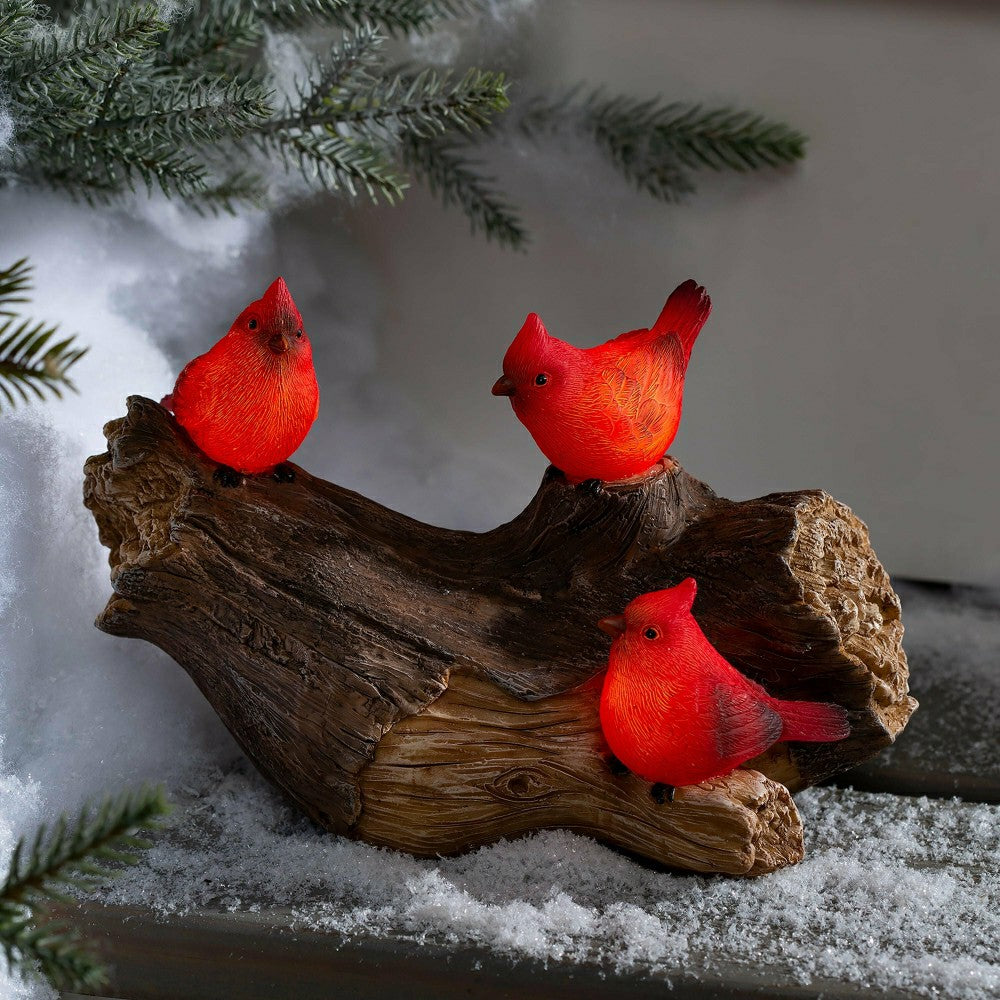 Plow & Hearth Memorial Garden Statue, Solar Cardinal Family On Wooden Log, 5"H