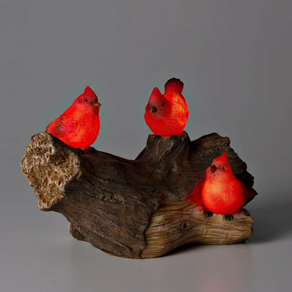 Plow & Hearth Memorial Garden Statue, Solar Cardinal Family On Wooden Log, 5"H