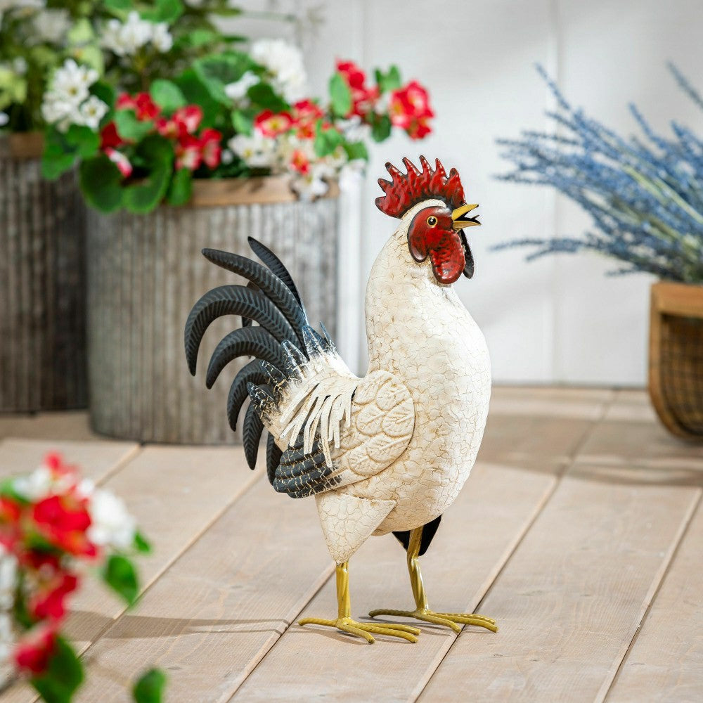 Plow & Hearth Hillside Pasture Garden Statue, Metal Rooster With Light Feathers, 14"