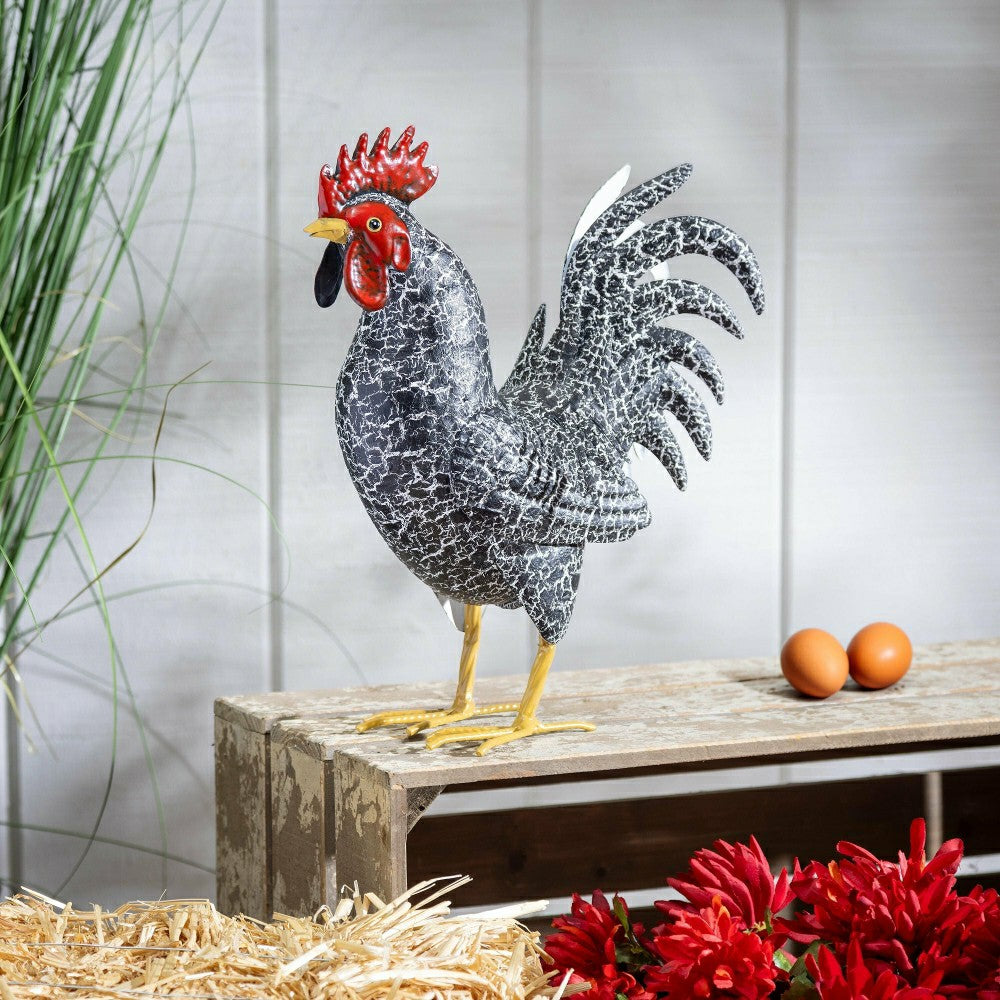 Plow & Hearth Metal Rooster With Dark Feathers Garden Statue, 14" H