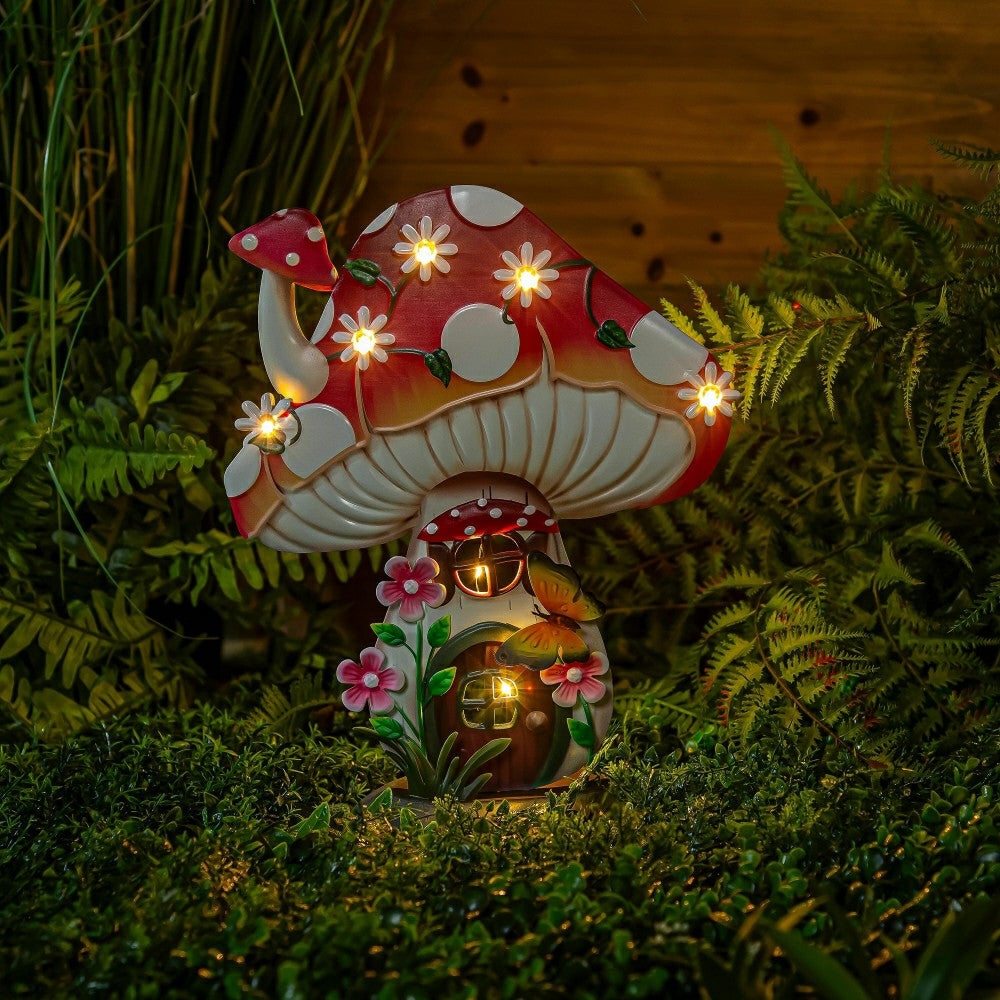 Plow & Hearth Floral Mushroom House LED Metal Garden Statue, 16"H