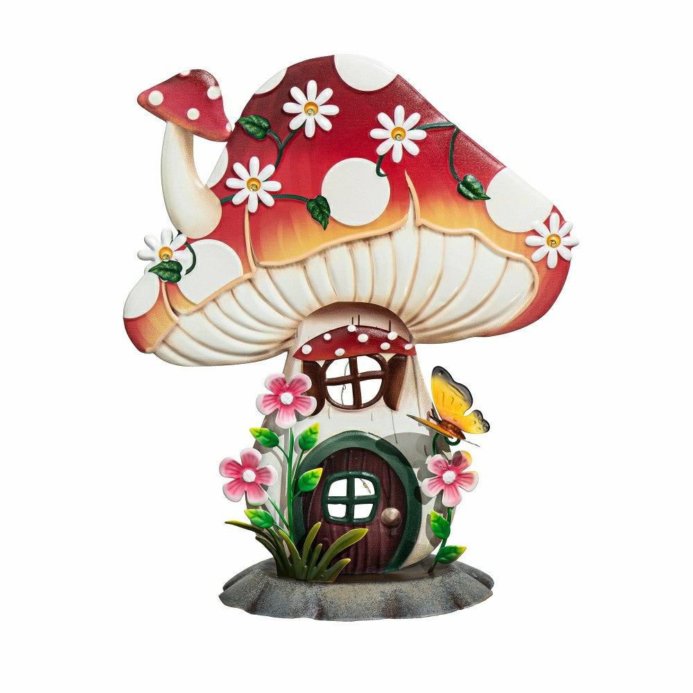 Plow & Hearth Floral Mushroom House LED Metal Garden Statue, 16"H