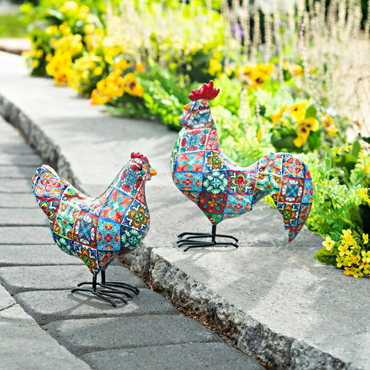 Plow & Hearth Indoor/Outdoor Tile-Inspired Rooster and Hen Statue Set