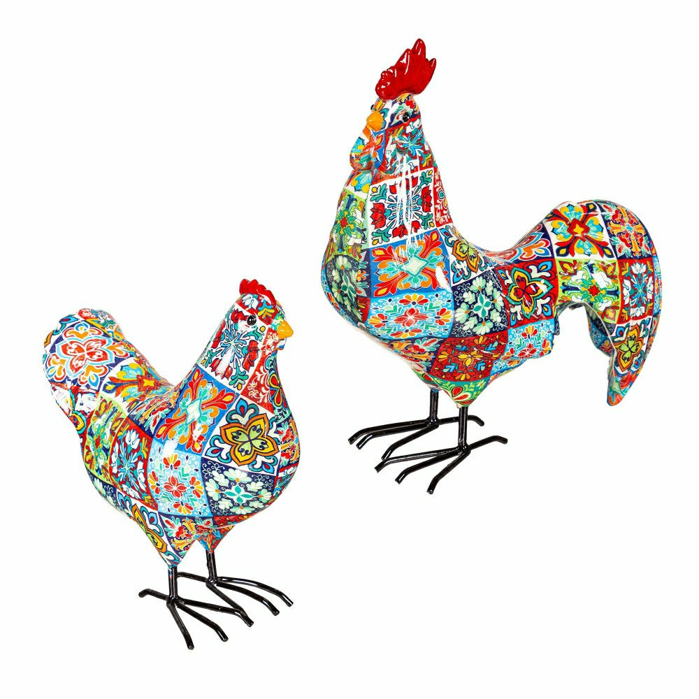 Plow & Hearth Indoor/Outdoor Tile-Inspired Rooster and Hen Statue Set