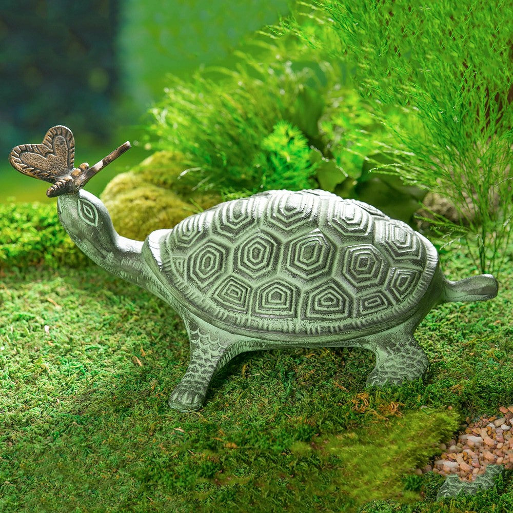 Plow & Hearth Tropical Oasis Garden Statue, Verdigris Metal Turtle and Butterfly, 14