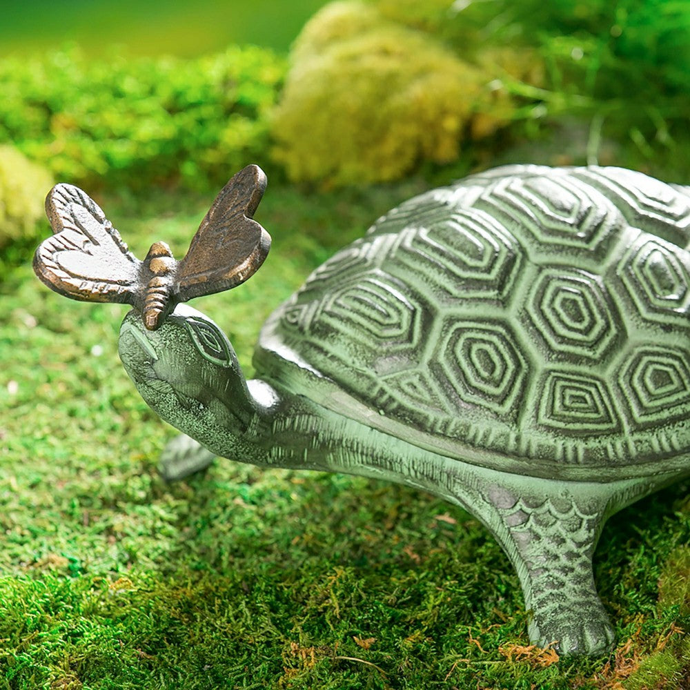 Plow & Hearth Tropical Oasis Garden Statue, Verdigris Metal Turtle and Butterfly, 14