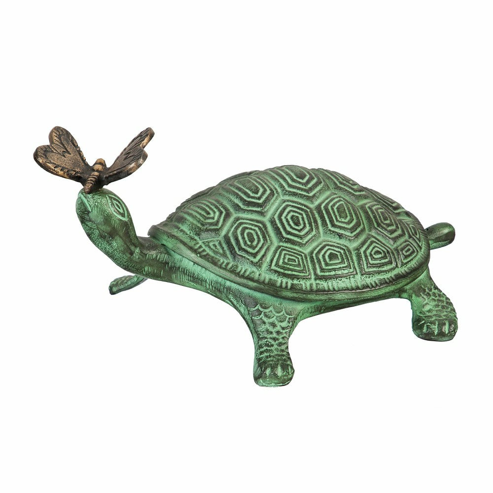 Plow & Hearth Tropical Oasis Garden Statue, Verdigris Metal Turtle and Butterfly, 14