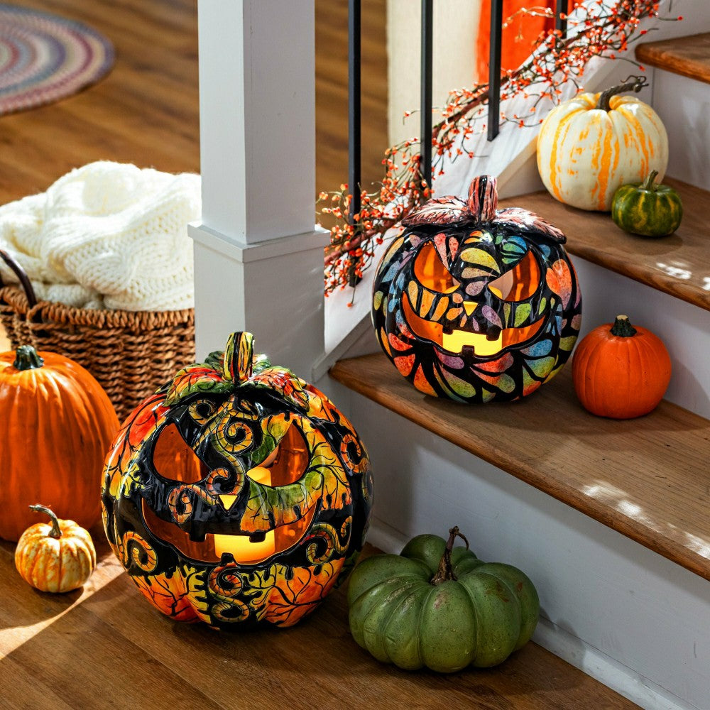 Plow & Hearth Autumn Floral Large Ceramic Talavera Pumpkin