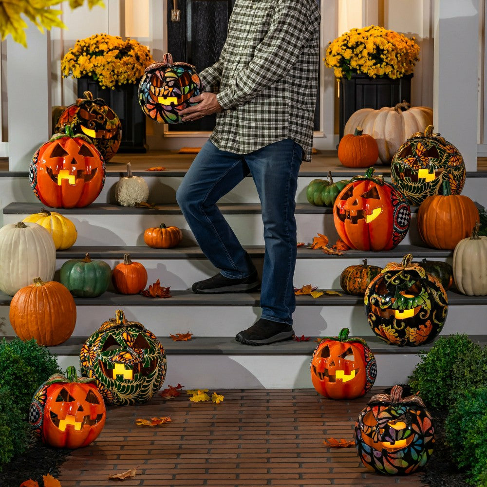 Plow & Hearth Checkered Flower Large Ceramic Talavera Harvest Pumpkin, Large