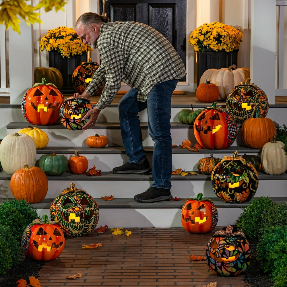 Plow & Hearth Checkered Flower Large Ceramic Talavera Harvest Pumpkin, Large