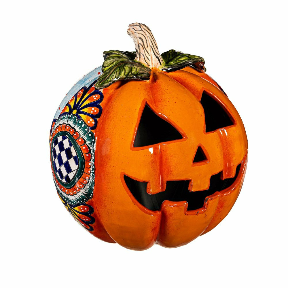 Plow & Hearth Checkered Flower Large Ceramic Talavera Harvest Pumpkin, Large