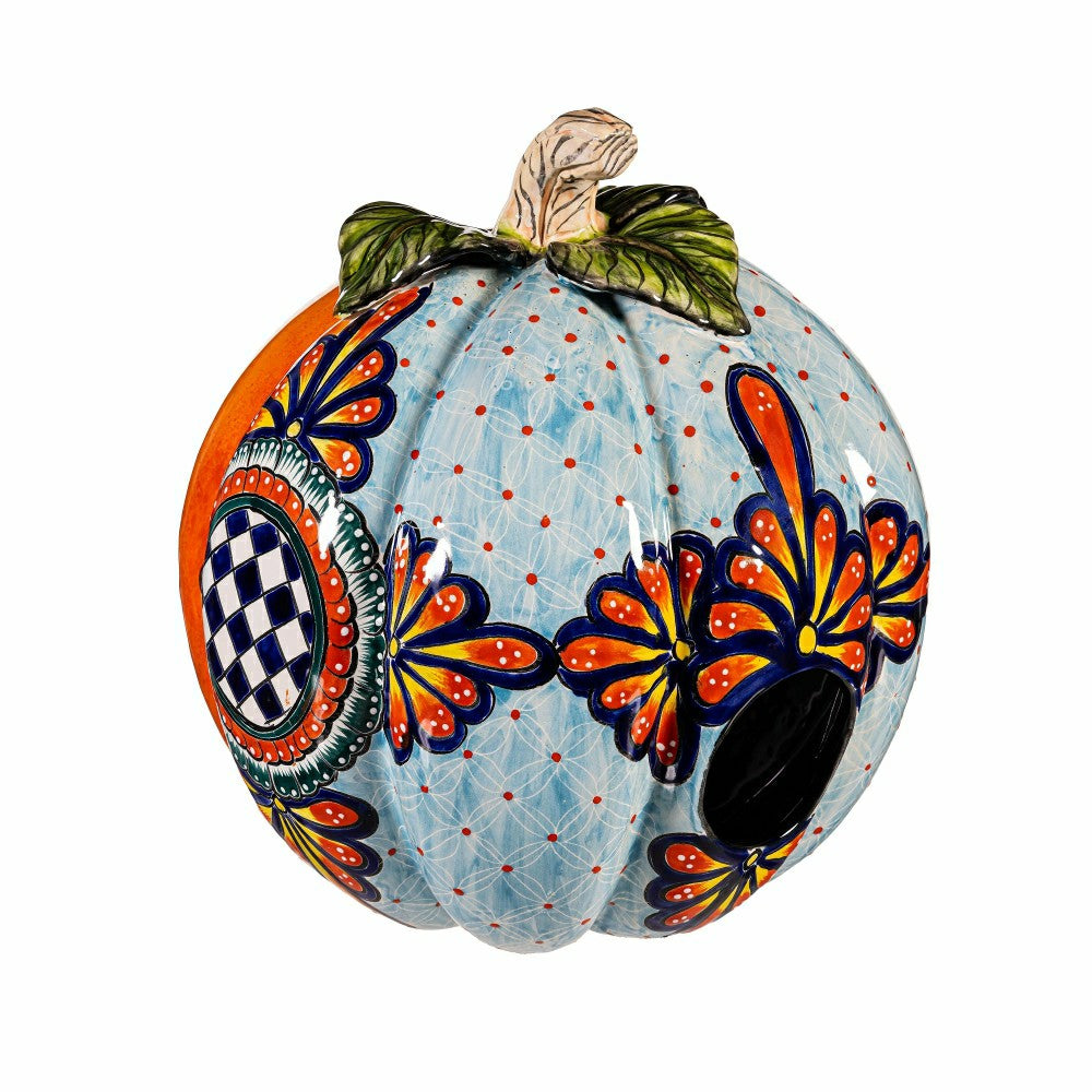 Plow & Hearth Checkered Flower Large Ceramic Talavera Harvest Pumpkin, Large