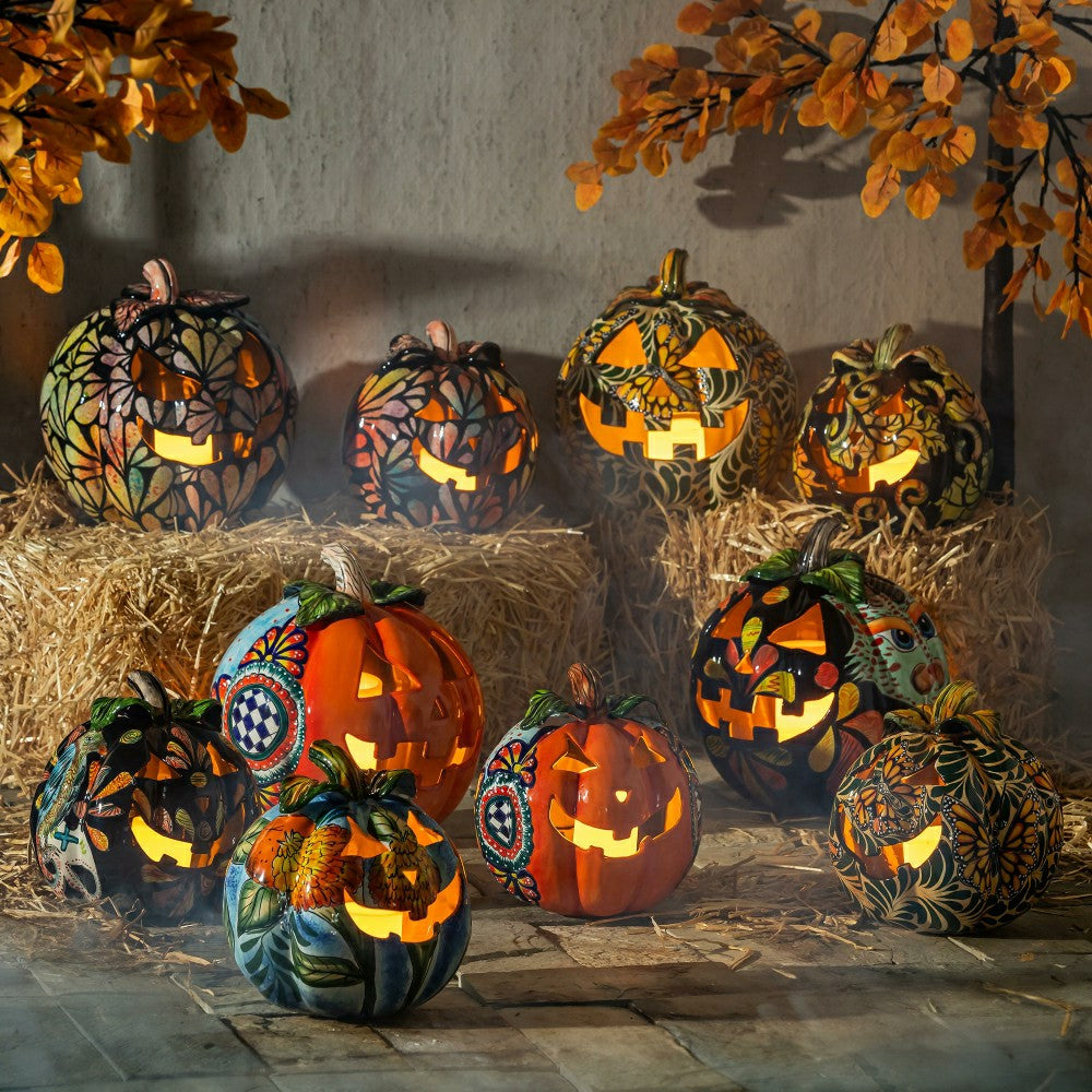 Plow & Hearth Checkered Flower Large Ceramic Talavera Harvest Pumpkin, Large