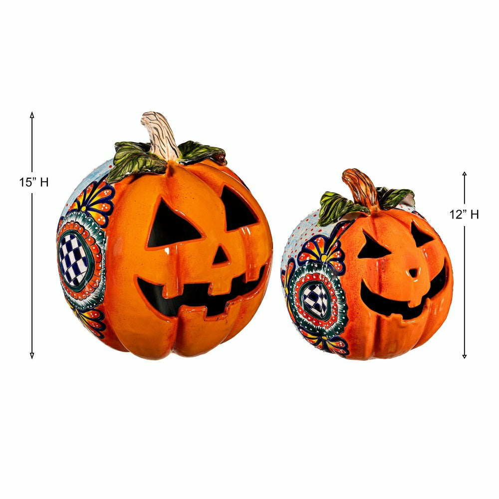 Plow & Hearth Checkered Flower Large Ceramic Talavera Harvest Pumpkin, Large