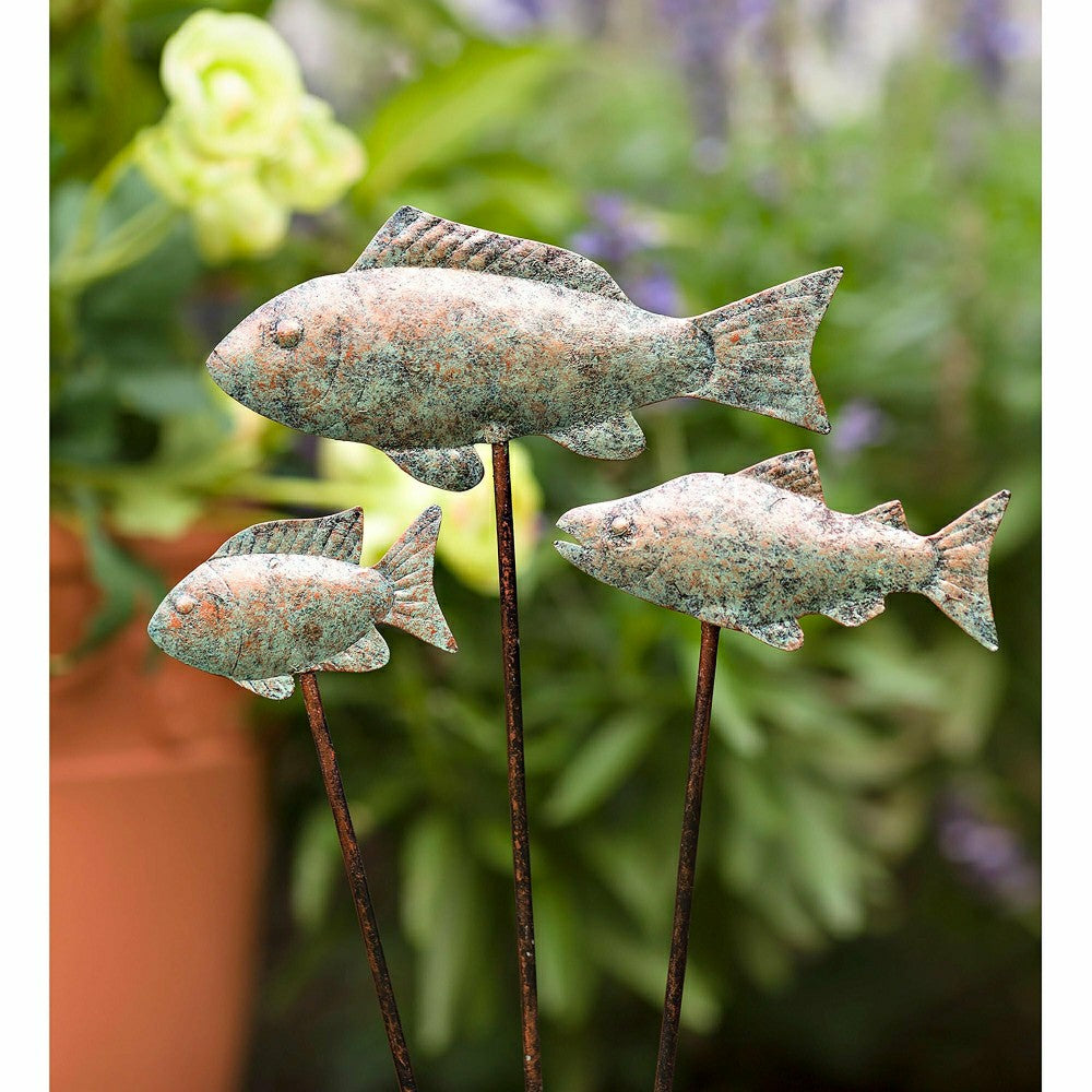 Plow & Hearth Verdigris Metal Fish Garden Stakes, Set of 3