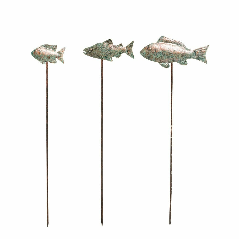 Plow & Hearth Verdigris Metal Fish Garden Stakes, Set of 3