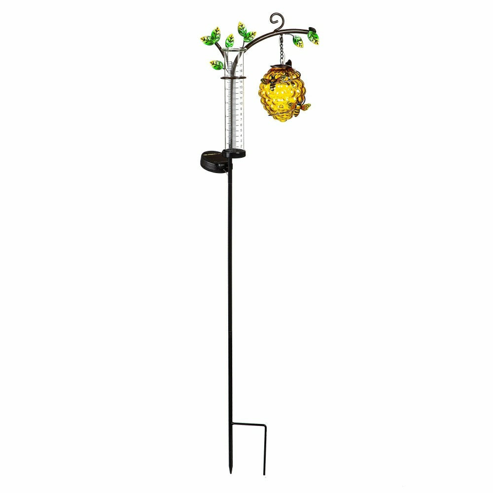 Plow & Hearth Cottage Garden Stake, Solar Beehive with Rain Gauge, 36"H