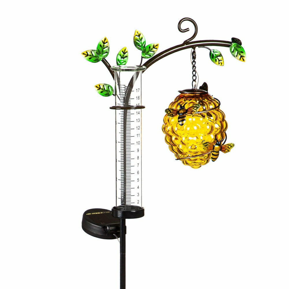 Plow & Hearth Cottage Garden Stake, Solar Beehive with Rain Gauge, 36"H