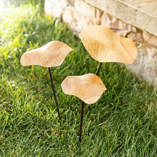 Plow & Hearth VivaStyle Garden Stake, Hand-Carved Wood Mushroom Garden Stake, Set of
