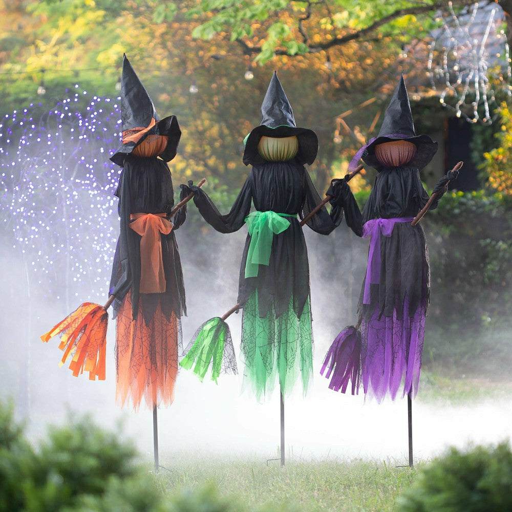 Plow & Hearth Lighted Witch Stakes with Brooms, Set of 3
