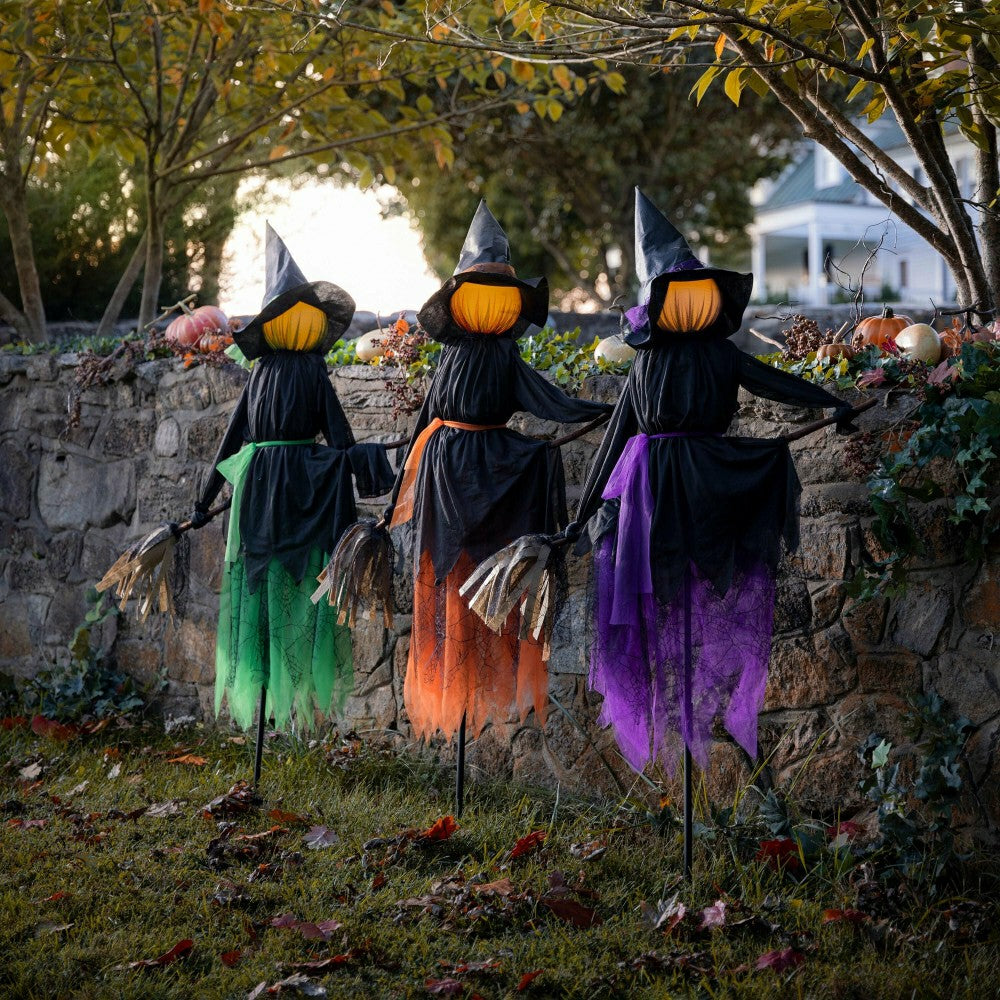 Plow & Hearth Lighted Witch Stakes with Brooms, Set of 3