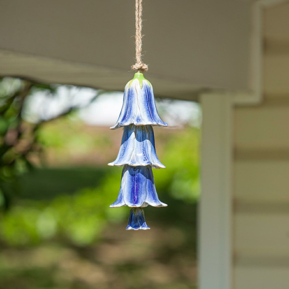 Plow & Hearth Blue Ceramic Flower Garden Bells Wind Chime
