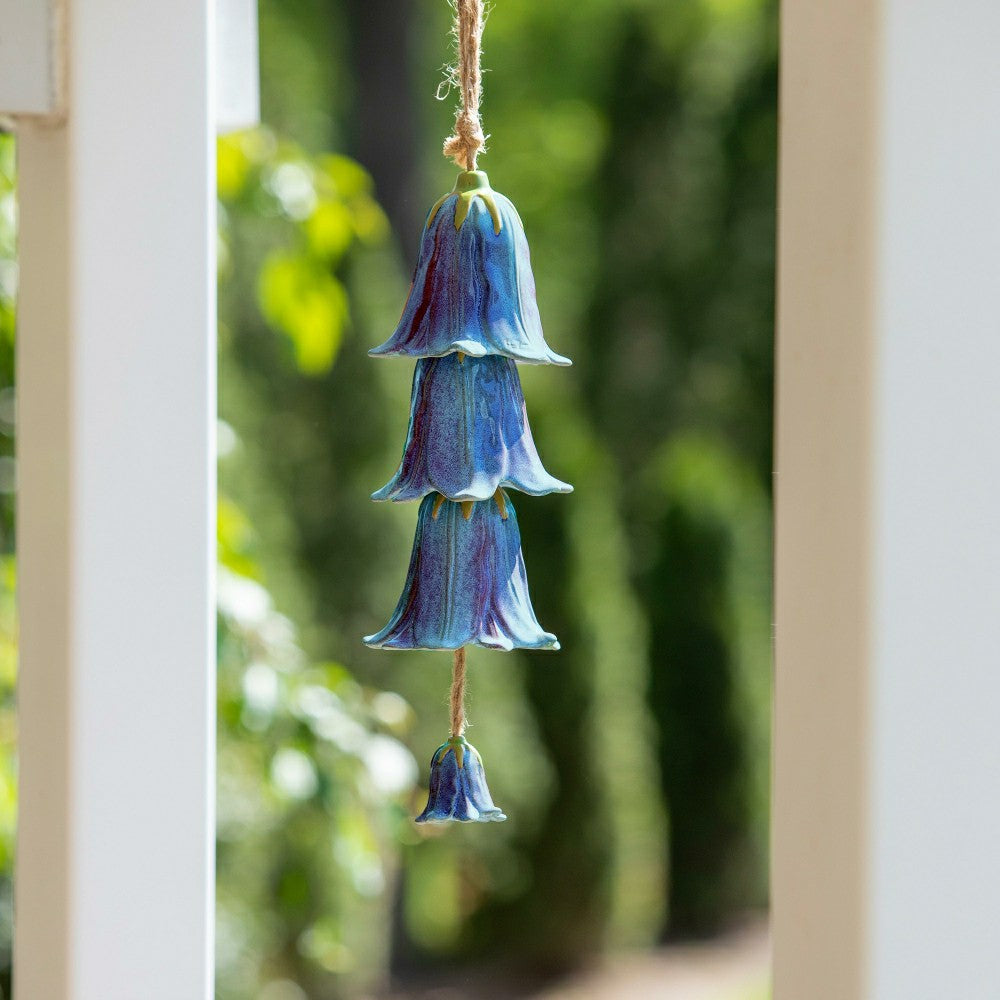 Plow & Hearth Blue Ceramic Flower Garden Bells Wind Chime