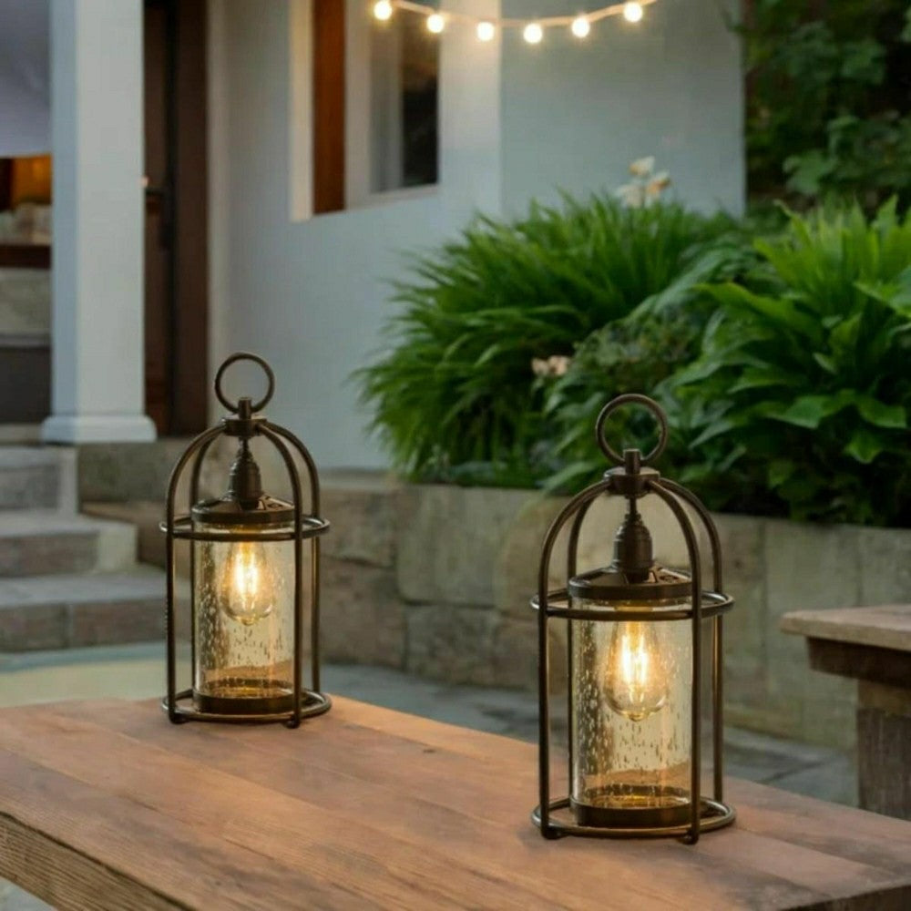 Plow & Hearth Solar Metal and Bubble Glass Edison Lantern