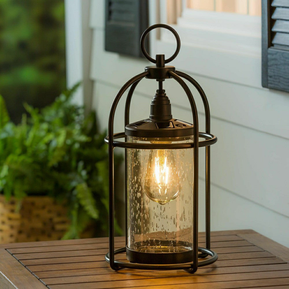 Plow & Hearth Solar Metal and Bubble Glass Edison Lantern