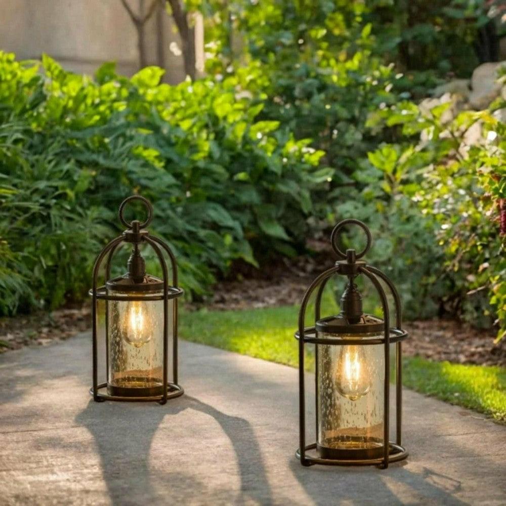 Plow & Hearth Solar Metal and Bubble Glass Edison Lantern